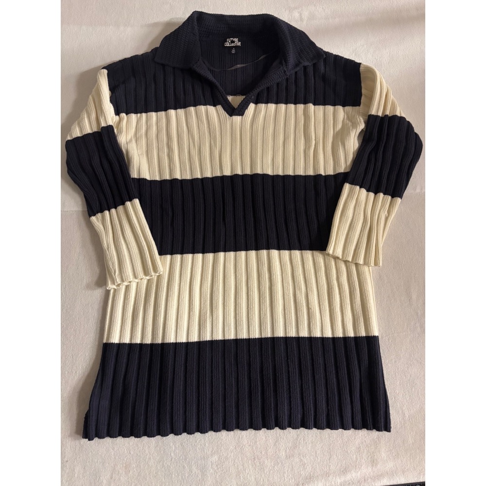Future Collective Navy Cream Striped Ribbed Polo Sweater Dress Size  M